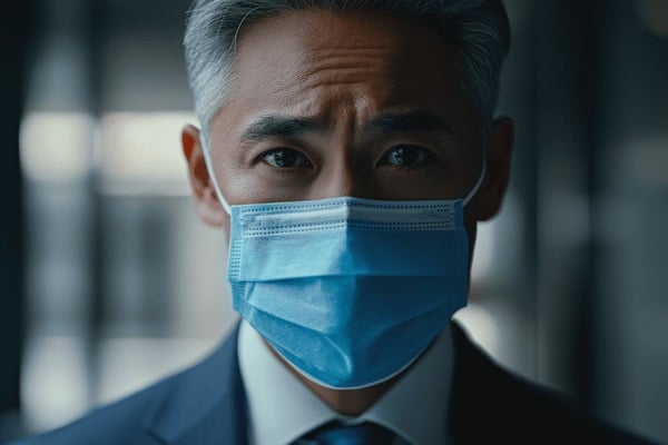 A close-up image of a businessman in a suit wearing a blue medical mask