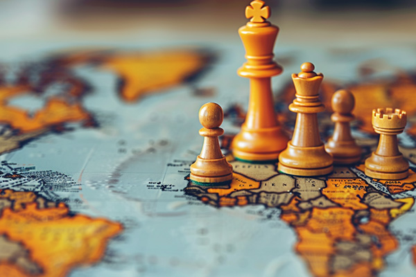 Chess pieces placed in different locations across a world map