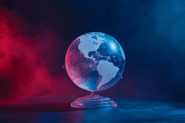 A crystal globe against a navy background with red light filtering in from the side and impacting the globe's color