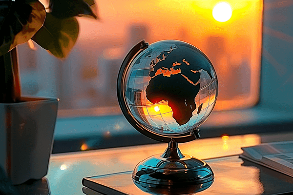 A glass globe showing Africa, Europe, and the Middle East with the sun shining through it