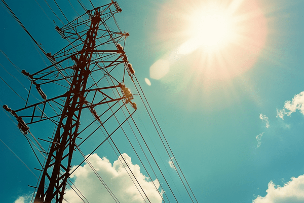 An upward view of the sun shining intensely on a transmission