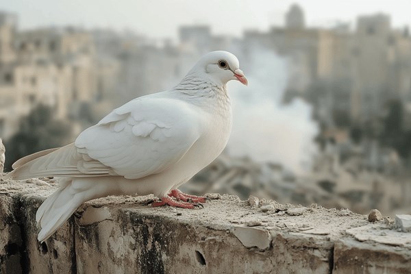 A peaceful white dove sits on a wall with smoking rubble behind it