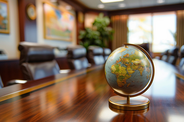 A world globe sitting on a conference room table