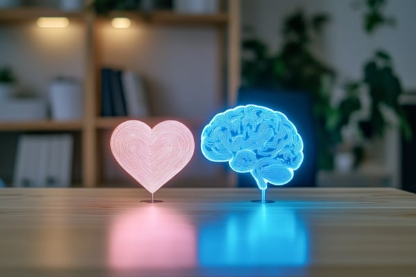 A heart icon and a brain icon, both glowing brightly and resting on an office table