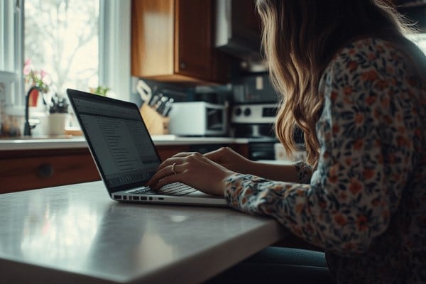 A businesswoman working on her laptop from home