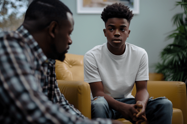 A father and teenage son sit on comfortable chairs in a counselor's office