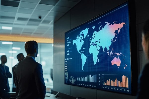 Business professionals view a projector screen showing a map of the Earth and graphs