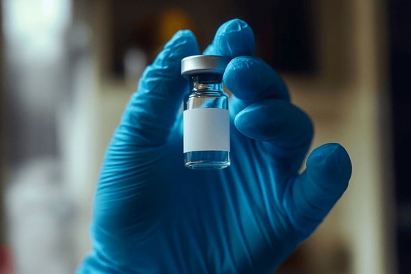 A hand in a blue latex glove holds a glass vaccine bottle