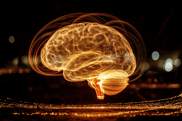 A glowing brain made of streaks of light against a dark background