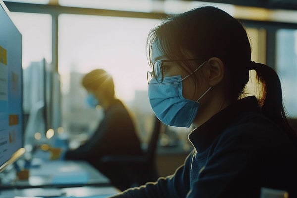 Two business people in medical masks works from a distance at a public office