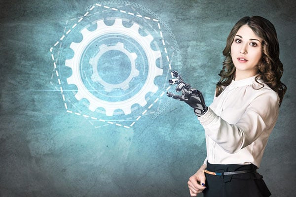 Businesswoman with an AI prosthetic hand