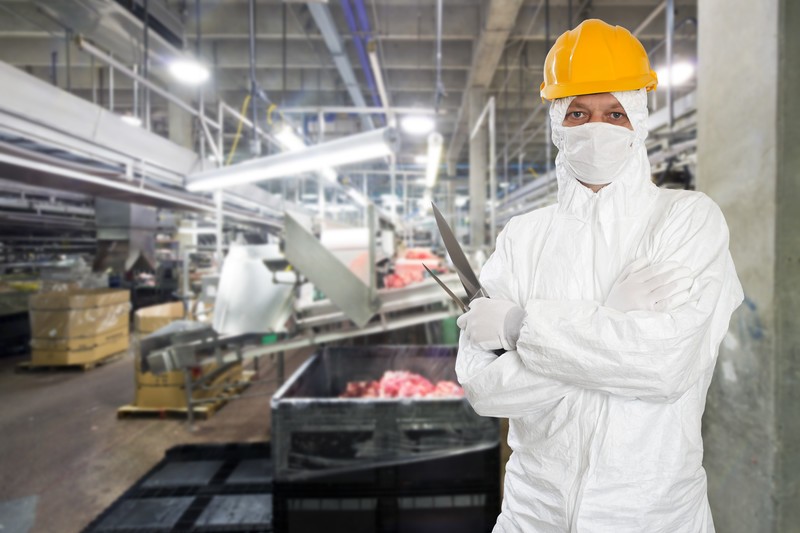 Meat factory worker holding cutting tools and wearing a mask and hard hat