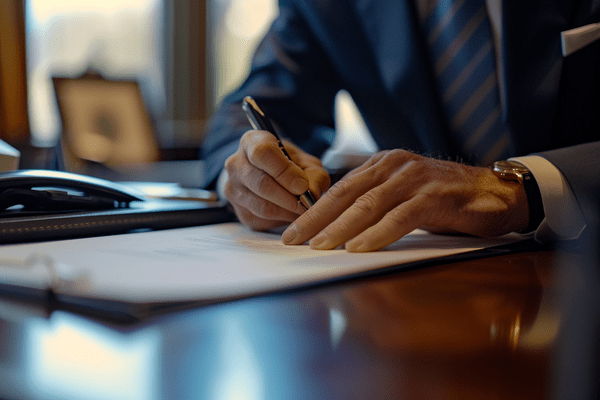 A businessman signs paperwork on his desk