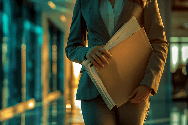 A lawyer carries folders of paperwork to an office meeting