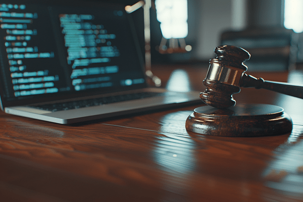 A gavel sits on a court room desk next to a laptop