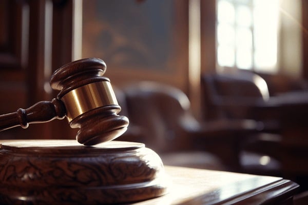 A close-up image of a gavel resting on a desk in an empty courtroom