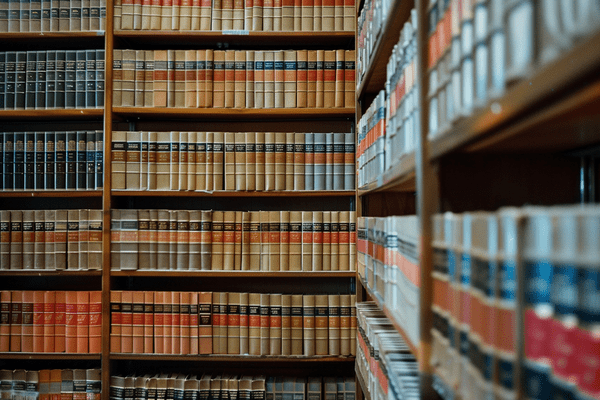 Law books shelved at a law library