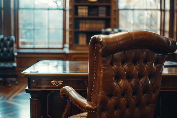 A leather chair in front of a desk in a legal office