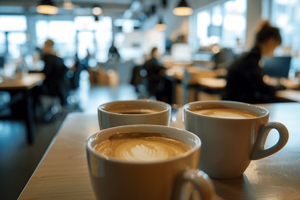 Three mugs of coffee sit on a desk in a busy office