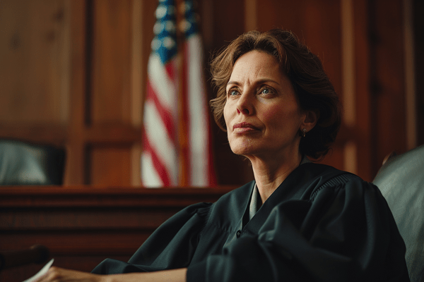 A female judge listens in a courtroom with the American flag behind her