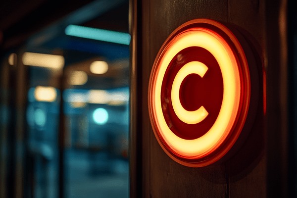 A neon orange copyright symbol on an office wall