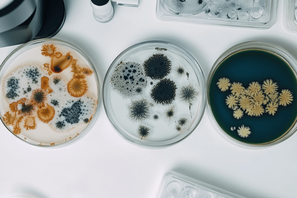 Three petri dishes on a white table with different colors of mold in each one