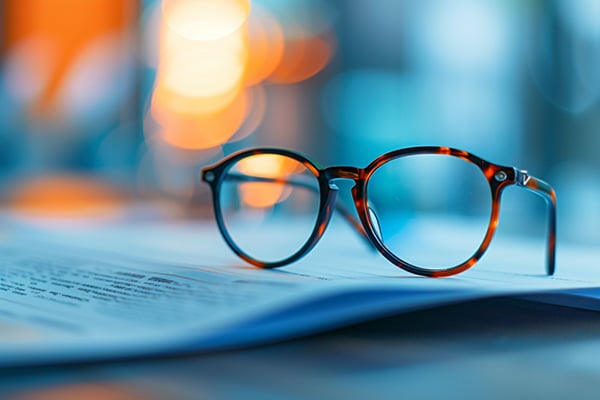 A pair of eye glasses rests on top of blurred documents.