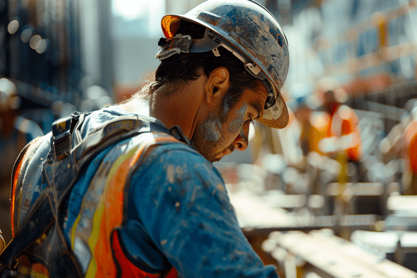 A construction worker in protective gear working on a construction site