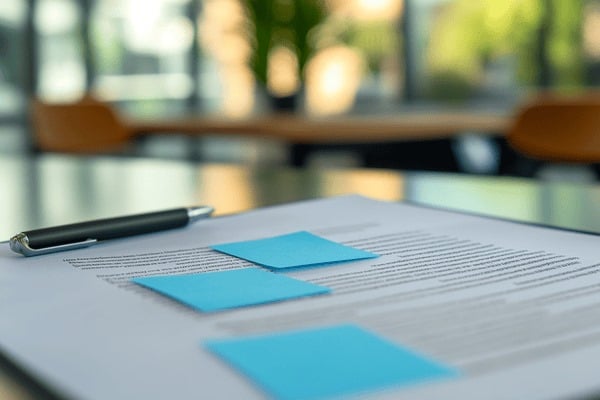 A document sits on a desk with blue post-it notes stuck to it and a pen sitting nearby