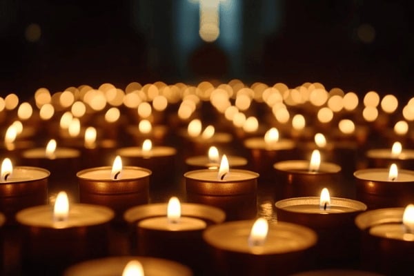 A low-angle view of many lit votive candles