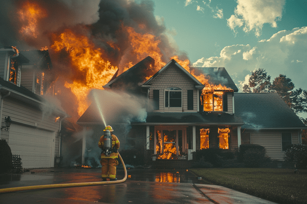 A fireman sprays a house that is on fire