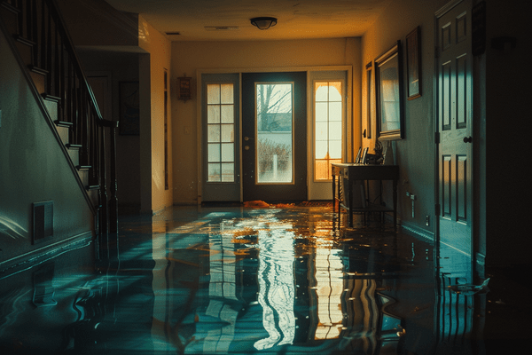 Inside a home flooded by water with sunlight shining through the windows