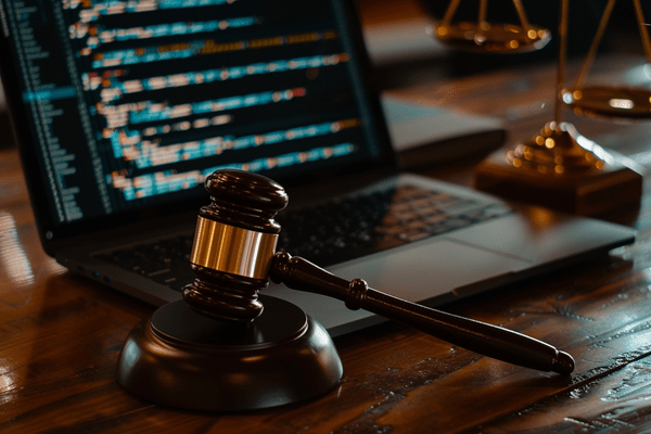 A gavel sits next to a computer showing code