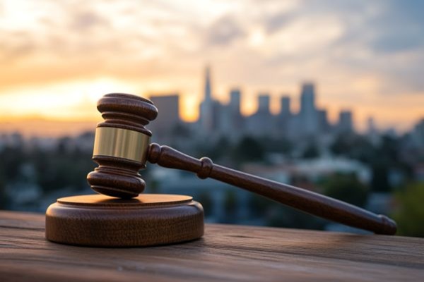 A gavel sits on a wooden rail with a city skyline in the background.