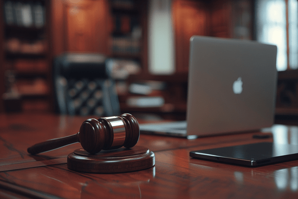 A gavel sits in a court office next to a laptop