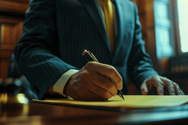 A lawyer takes notes on a legal pad in a courtroom