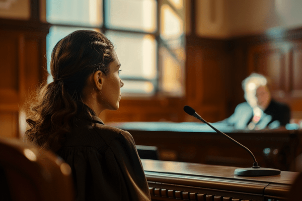 A woman sits in the witness stand in a courtroom