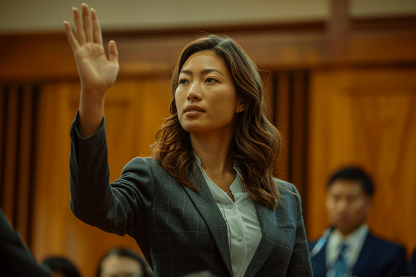 A woman stands with her right hand raised to take an oath at court