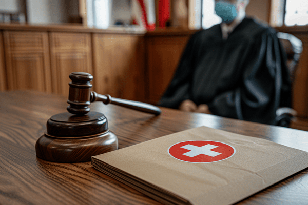 A gavel sits next to a folder with a medical cross on it while a judge sits in the background